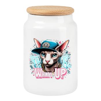 Sphynx Cat Cool What's Up Hip Hop Gift - Cookie Jar with Wooden Lid - white - Front