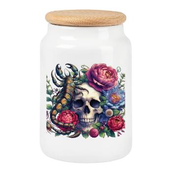 Watercolor skull, flowers and scorpion - Cookie Jar with Wooden Lid - white - Front