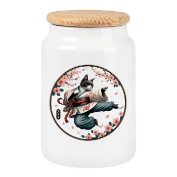 Chat avec kimono en position de combat de kung-fu - Boîte à biscuits avec couvercle en bois - blanc - Devant