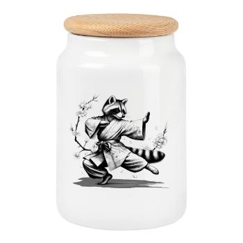 raton laveur avec kimono en position de combat de kung-fu - Boîte à biscuits avec couvercle en bois - blanc - Devant