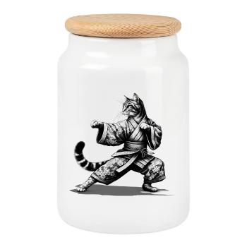 Katze mit Kimono in einer Kung Fu Kampfstellung - Keksdose mit Holzdeckel - Weiß - Vorne