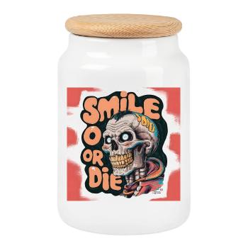 Squelette chauve avec texte souriant - Boîte à biscuits avec couvercle en bois - blanc - Devant