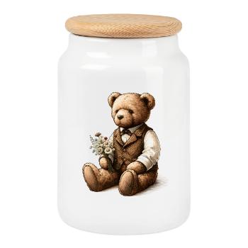 Teddy vintage avec des fleurs : une touche de nostalgie - Boîte à biscuits avec couvercle en bois - blanc - Devant