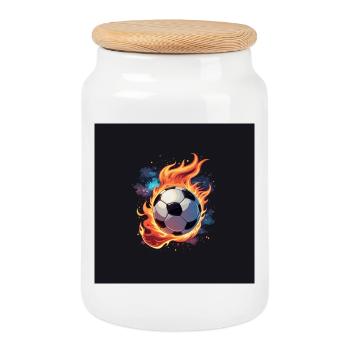 Ballon de football volant avec des flammes. - Boîte à biscuits avec couvercle en bois - blanc - Devant