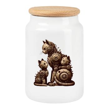 Charming vintage illustration of a cat family - Cookie Jar with Wooden Lid - white - Front