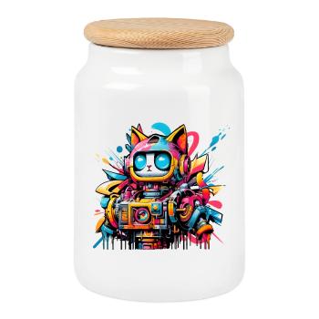 Cat designed as a robot in comic graffiti style - Cookie Jar with Wooden Lid - white - Front