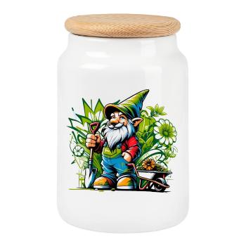 Colorful, vibrant garden gnome surrounded by flowers - Cookie Jar with Wooden Lid - white - Front