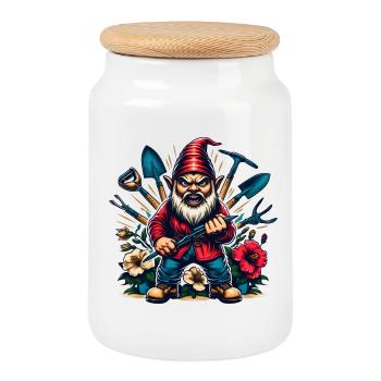 Nain de jardin coloré et sinistre avec des fleurs et des outils - Boîte à biscuits avec couvercle en bois - blanc - Devant