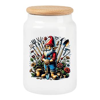 Nain de jardin coloré et vivant entouré d’outils - Boîte à biscuits avec couvercle en bois - blanc - Devant