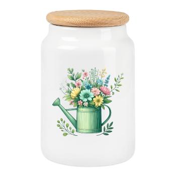Watering can, luxuriantly filled with pastel-colored flowers - Cookie Jar with Wooden Lid - white - Front