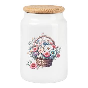 Panier somptueusement rempli de fleurs pastel - Boîte à biscuits avec couvercle en bois - blanc - Devant