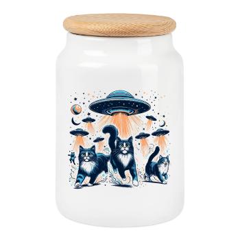 Alien Ufos Ufo Cat Cats Gift - Cookie Jar with Wooden Lid - white - Front