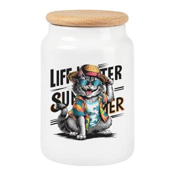 Chat mignon avec tenue d’été et lunettes de soleil - Boîte à biscuits avec couvercle en bois - blanc - Devant