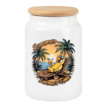 Perroquet d’été avec des lunettes de soleil sur la chaise de plage - Boîte à biscuits avec couvercle en bois - blanc - Devant