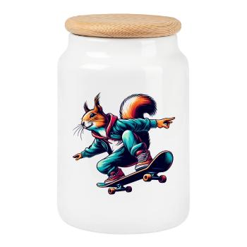 Cool squirrel on a skateboard - Cookie Jar with Wooden Lid - white - Front