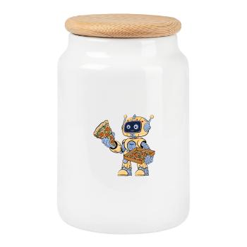 Un robot mange de la pizza - Boîte à biscuits avec couvercle en bois - blanc - Devant
