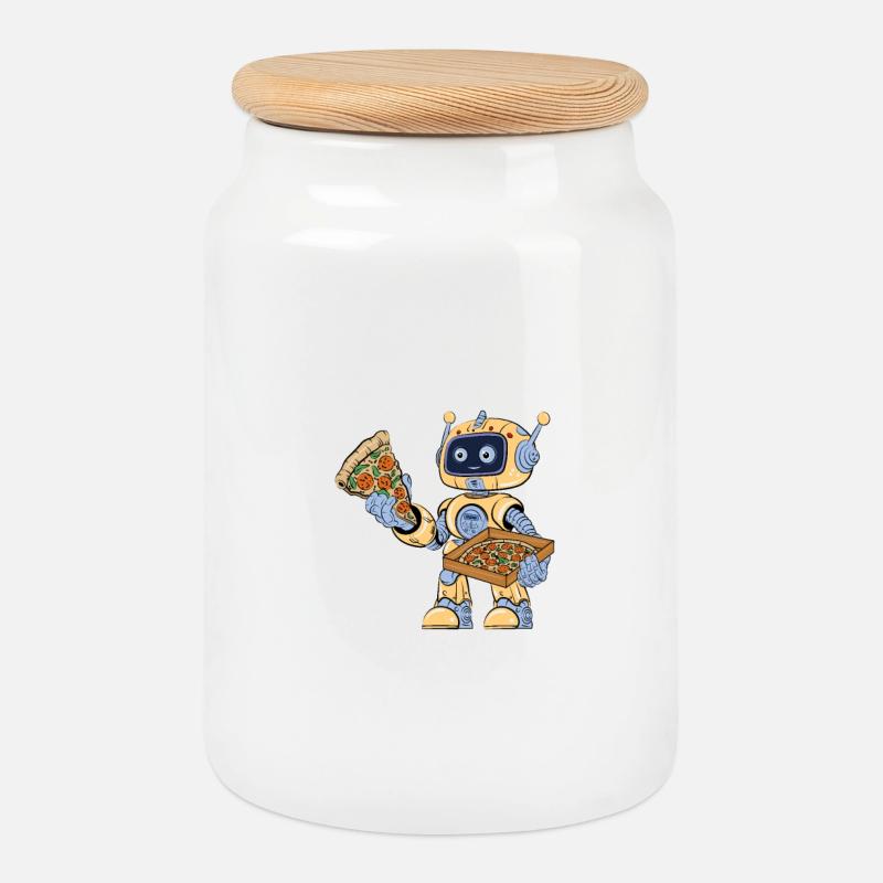 Robot eats pizza - Cookie Jar with Wooden Lid - white