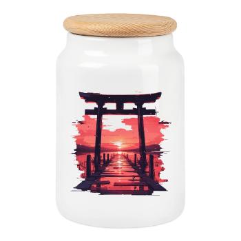 Japanese landscape - Cookie Jar with Wooden Lid - white - Front