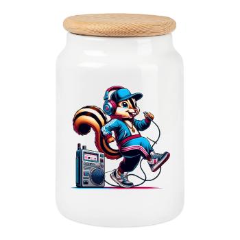 Cheerful chipmunk with headphones - Cookie Jar with Wooden Lid - white - Front