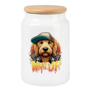 Goldendoodle Hip Hop Hund Was geht ab Geschenk - Keksdose mit Holzdeckel - Weiß - Vorne