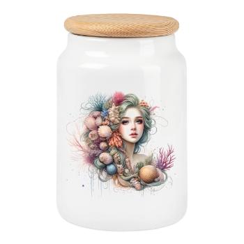 Fantastic, Mermaid, Artwork, Colorful, - Cookie Jar with Wooden Lid - white - Front