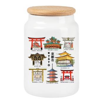 Kyoto in Japan, Shrines, Temples, Castle Drawing - Cookie Jar with Wooden Lid - white - Front