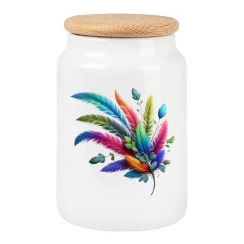 Colorful feathers. Vivid and detailed - Cookie Jar with Wooden Lid - white - Front