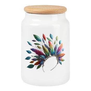 Colorful feathers. Vivid and detailed - Cookie Jar with Wooden Lid - white - Front