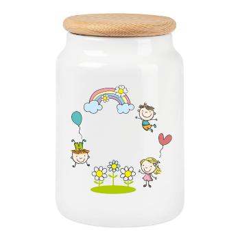 Fröhliche Kinder mit Regenbogen Blumen Luftballon  - Keksdose mit Holzdeckel - Weiß - Vorne