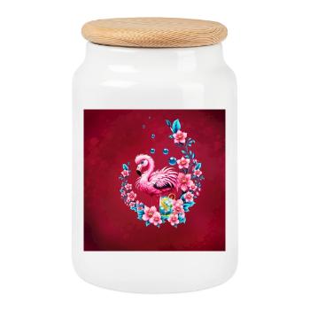 Flamant rose élégant avec des fleurs tropicales. - Boîte à biscuits avec couvercle en bois - blanc - Devant