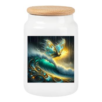 Mythical butterfly on luminescent wave - Cookie Jar with Wooden Lid - white - Front