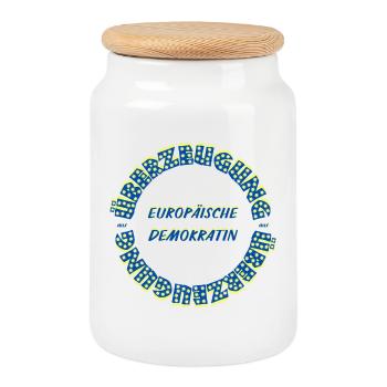 European Democrat by Conviction Circular Text - Cookie Jar with Wooden Lid - white - Front