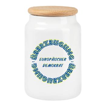 European Democrat by Conviction Circular Text - Cookie Jar with Wooden Lid - white - Front