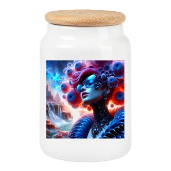 Surreal portrait and futuristic landscape - Cookie Jar with Wooden Lid - white - Front