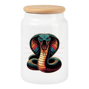 dynamisches und farbenfrohes Cobra-Schlangen Motiv - Keksdose mit Holzdeckel - Weiß - Vorne