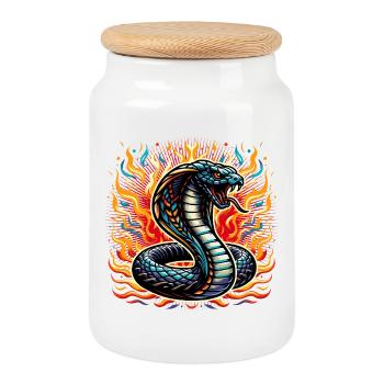 farbenfrohes Cobra-Schlangen Motiv mit Flammen - Keksdose mit Holzdeckel - Weiß - Vorne