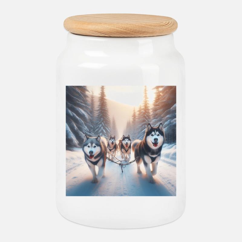 Huskys auf einem Schlitten - Keksdose mit Holzdeckel - Weiß