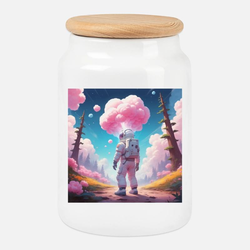 Astronaut on dream planet - Cookie Jar with Wooden Lid - white