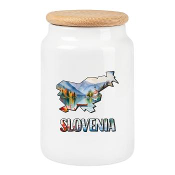 Watercolor Map Slovenia - Cookie Jar with Wooden Lid - white - Front