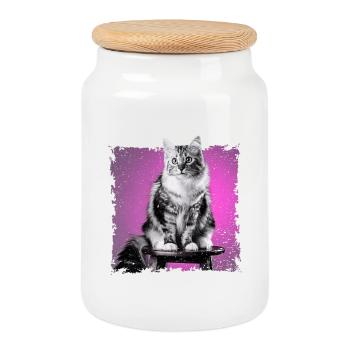 Cat Sitting on Stool | frayed edge - Cookie Jar with Wooden Lid - white - Front