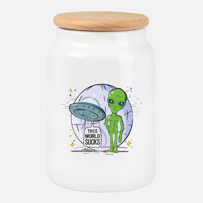 Alien's Vision: No Home Base on Earth - Cookie Jar with Wooden Lid - white
