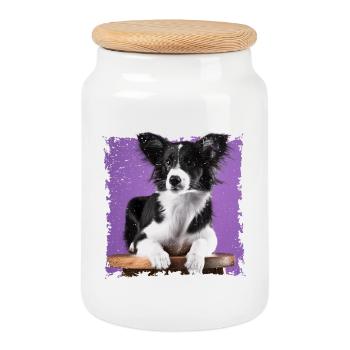 Chien assis sur un tabouret - Boîte à biscuits avec couvercle en bois - blanc - Devant