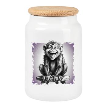 Monkey laughing sitting on stool - Cookie Jar with Wooden Lid - white - Front