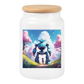 La petite fille et son robot - Boîte à biscuits avec couvercle en bois - blanc - Devant