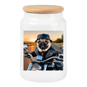 Dog biker in leather jacket style - Cookie Jar with Wooden Lid - white - Front