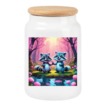 Raccoons in the fairytale forest - Cookie Jar with Wooden Lid - white - Front