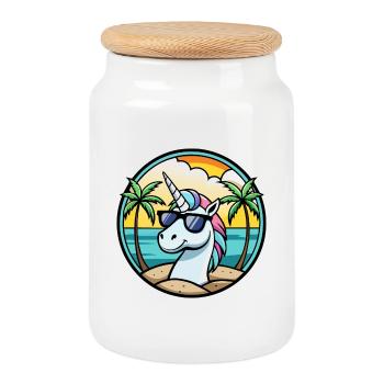 Cool Unicorn Beach Holiday Summer Vibes - Cookie Jar with Wooden Lid - white - Front