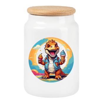 Petit dinosaure mignon avec un gros cornet de crème glacée coloré - Boîte à biscuits avec couvercle en bois - blanc - Devant