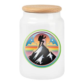 Mountains with a mountaineer on the summit - Cookie Jar with Wooden Lid - white - Front