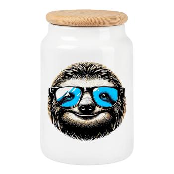 Faultier mit Sonnenbrille - Keksdose mit Holzdeckel - Weiß - Vorne